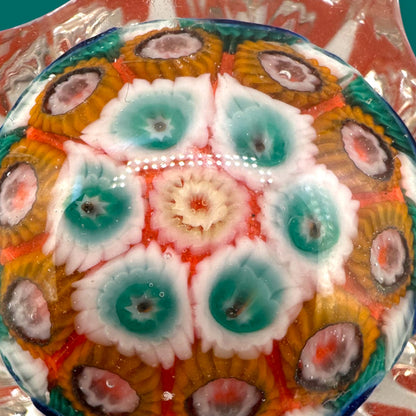 Vintage Murano Millefiori Star Paperweight - Green & Red Star