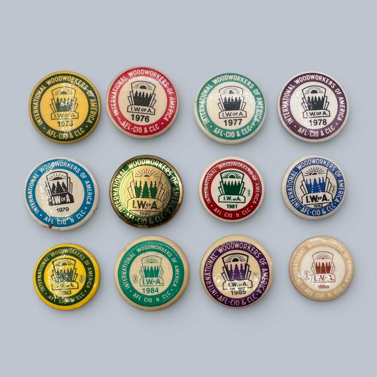 Vintage IWA of A Labour Union Pinback Buttons Collection 1975 - 1986
