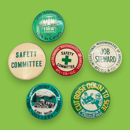 Vintage IWA Canada Logger & Safety Committee Pinback Buttons Set