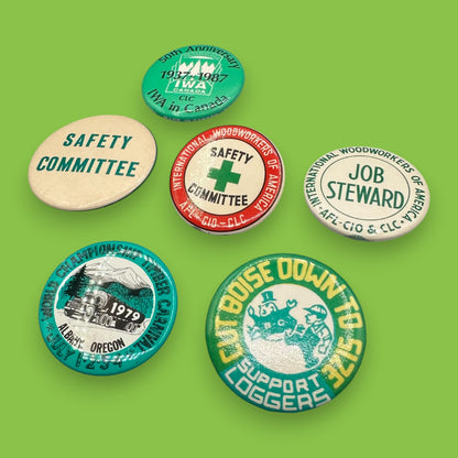 Vintage IWA Canada Logger & Safety Committee Pinback Buttons Set