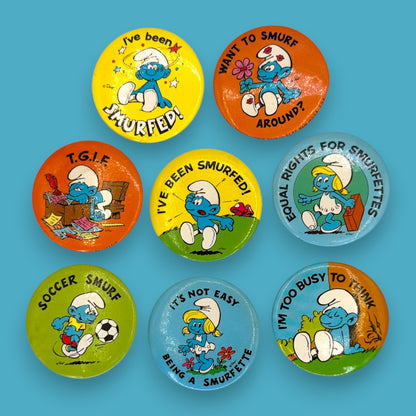 Vintage Smurf Cartoon Pinback Button Set of 8 - Vintage 1980