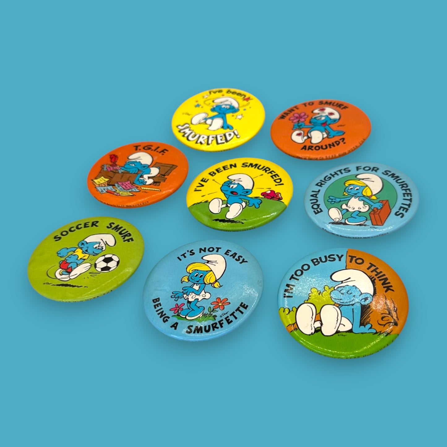 Vintage Smurf Cartoon Pinback Button Set of 8 - Vintage 1980