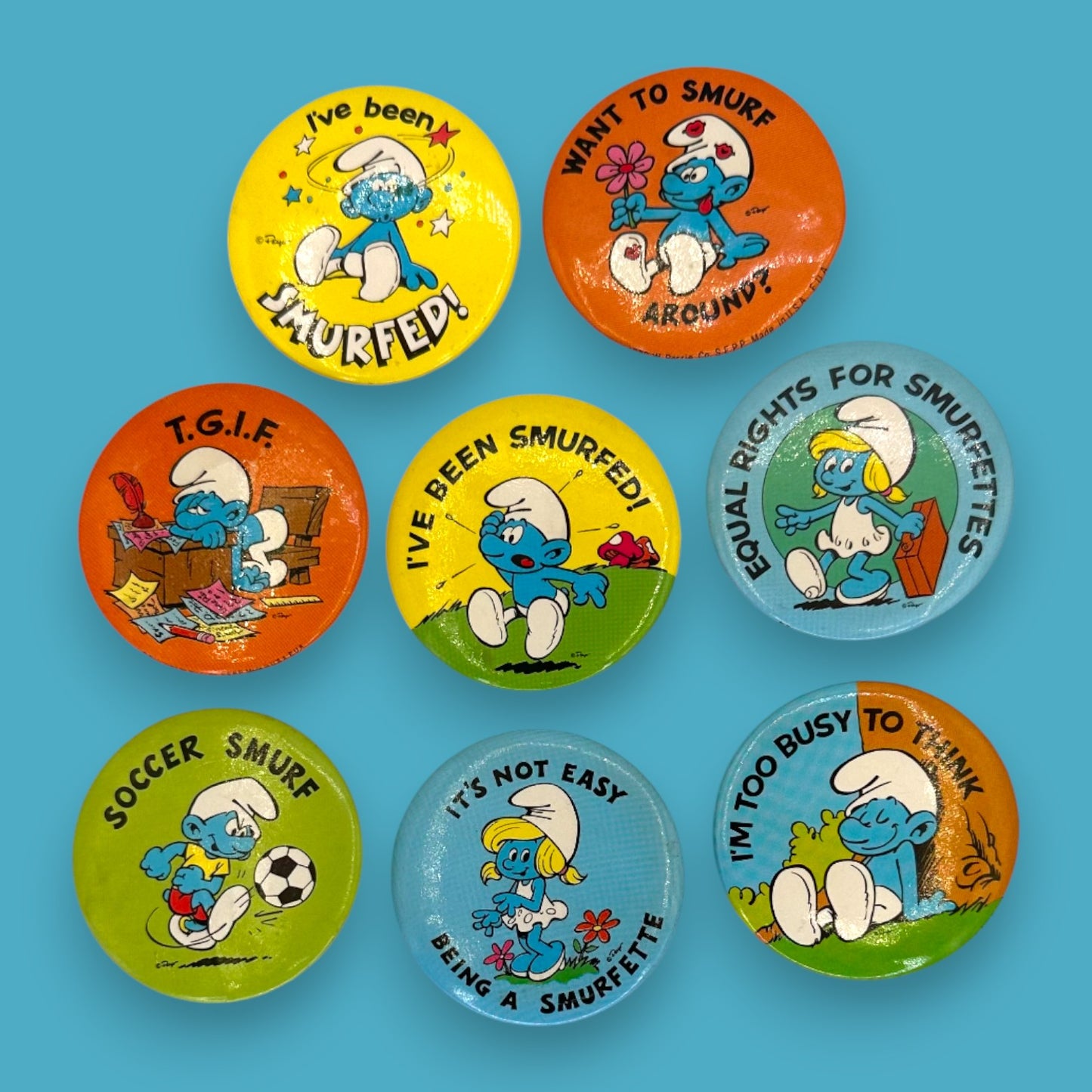 Vintage Smurf Cartoon Pinback Button Set of 8 - Vintage 1980