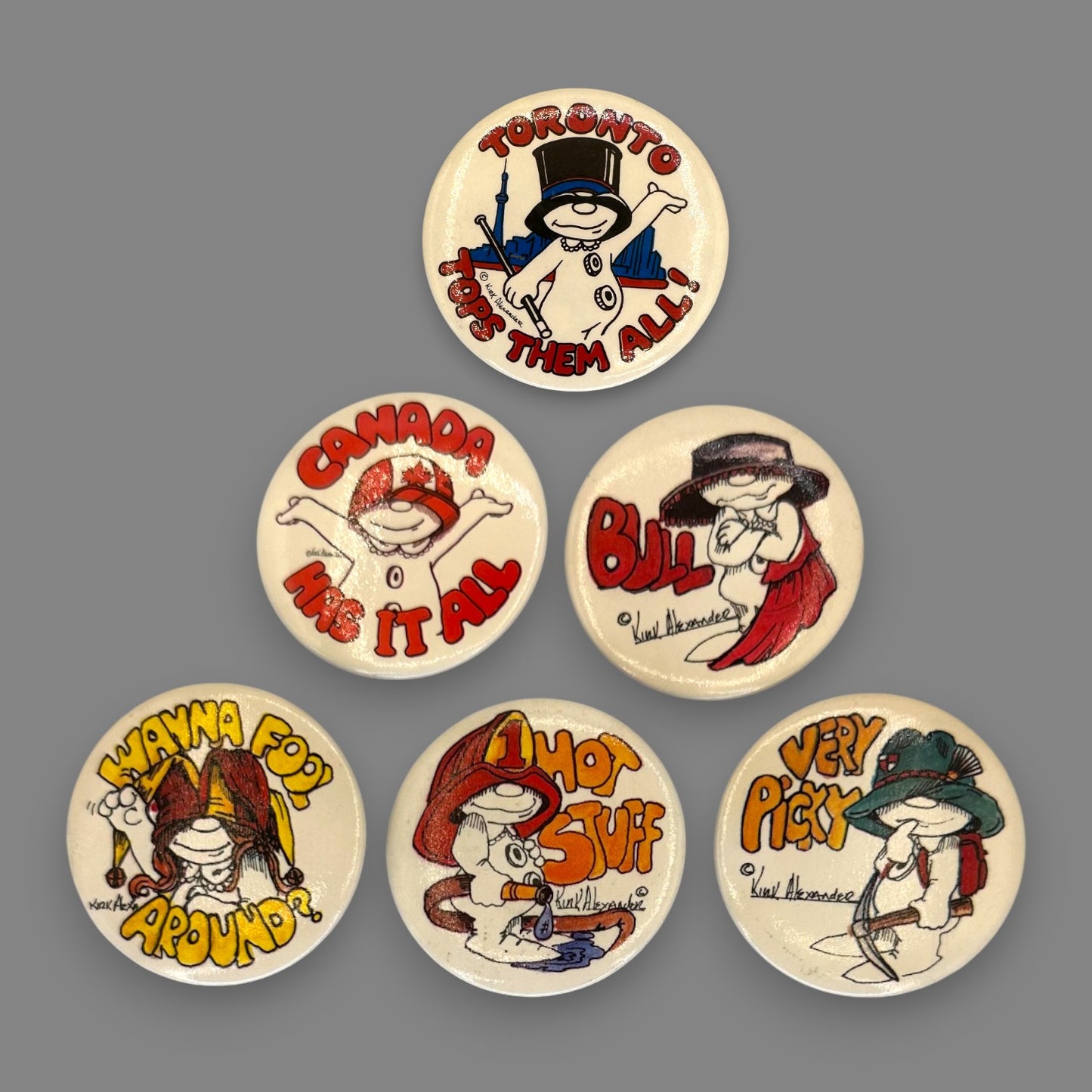 Vintage Kirk Alexander Cartoon Character Pinback Set of 6 - 1970's