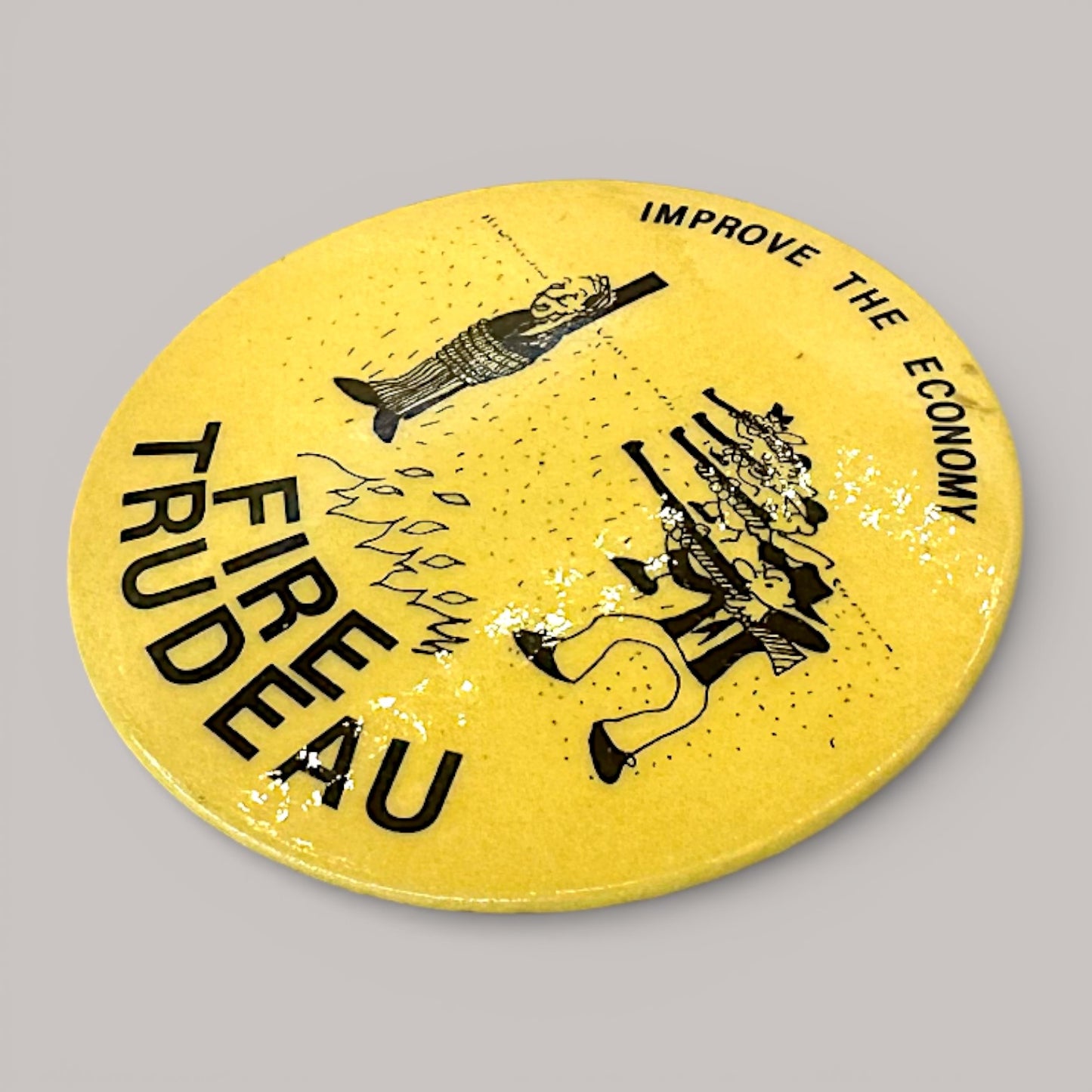 Vintage Fire Trudeau Pin Anti Liberal Badge 1970s Political Satire Button Pinback