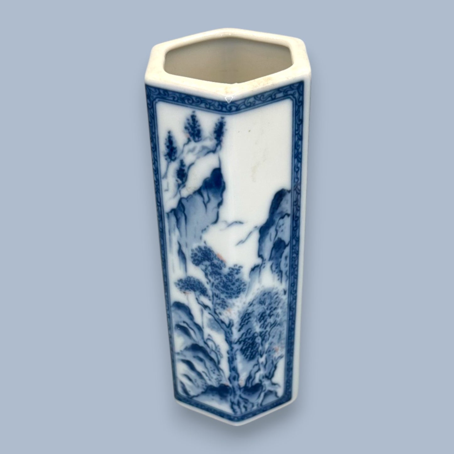 Vintage Chinese Blue and White Hexagon Bud Vase