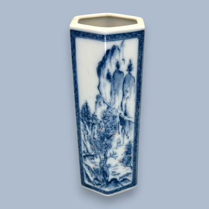 Vintage Chinese Blue and White Hexagon Bud Vase