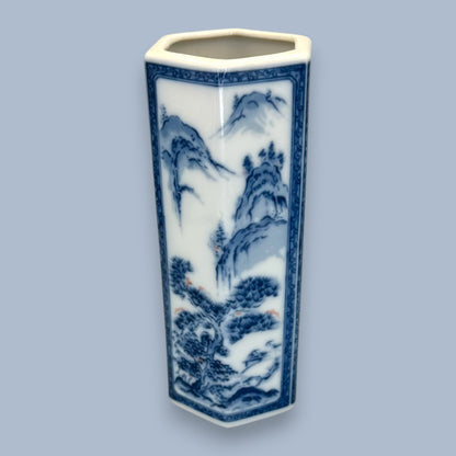 Vintage Chinese Blue and White Hexagon Bud Vase