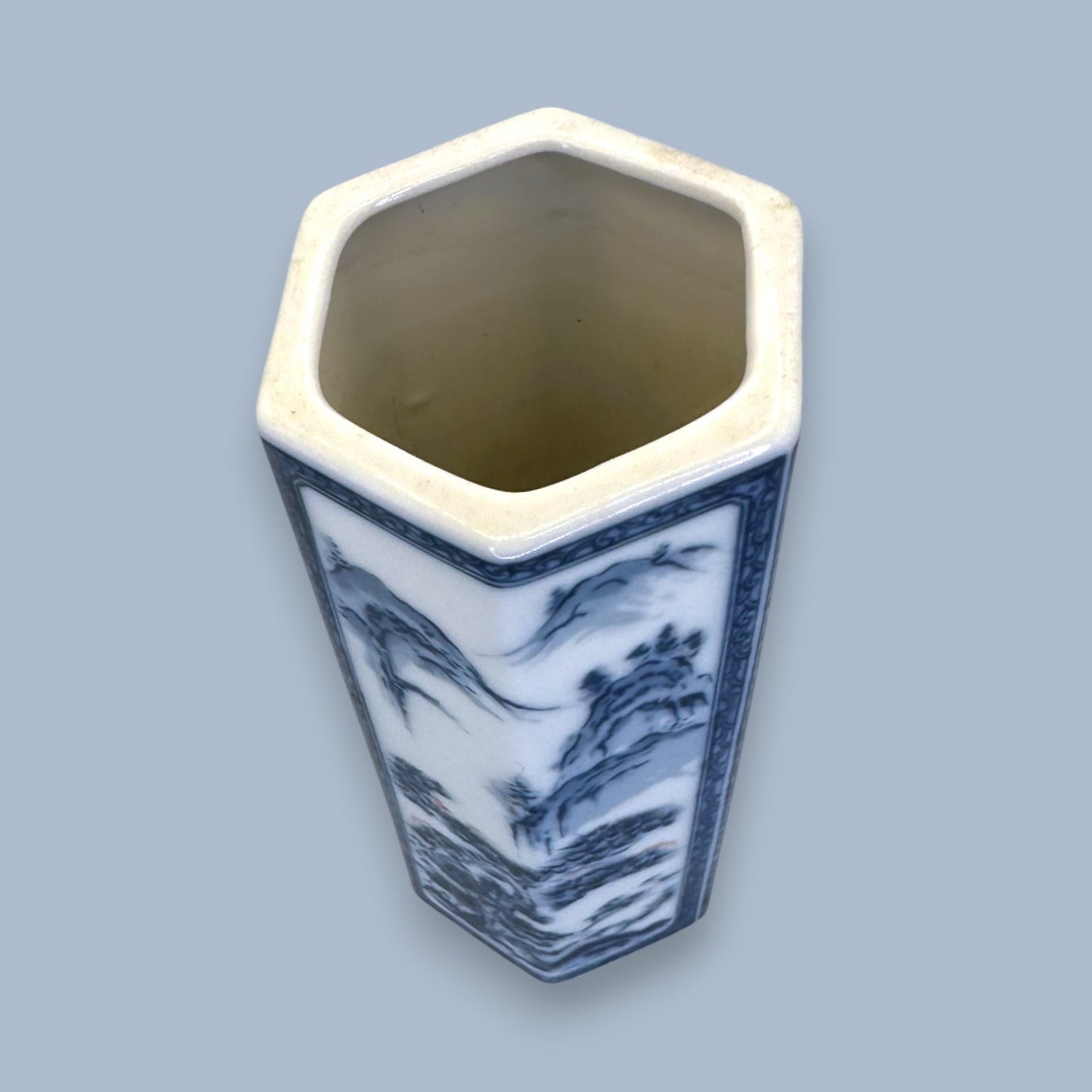 Vintage Chinese Blue and White Hexagon Bud Vase