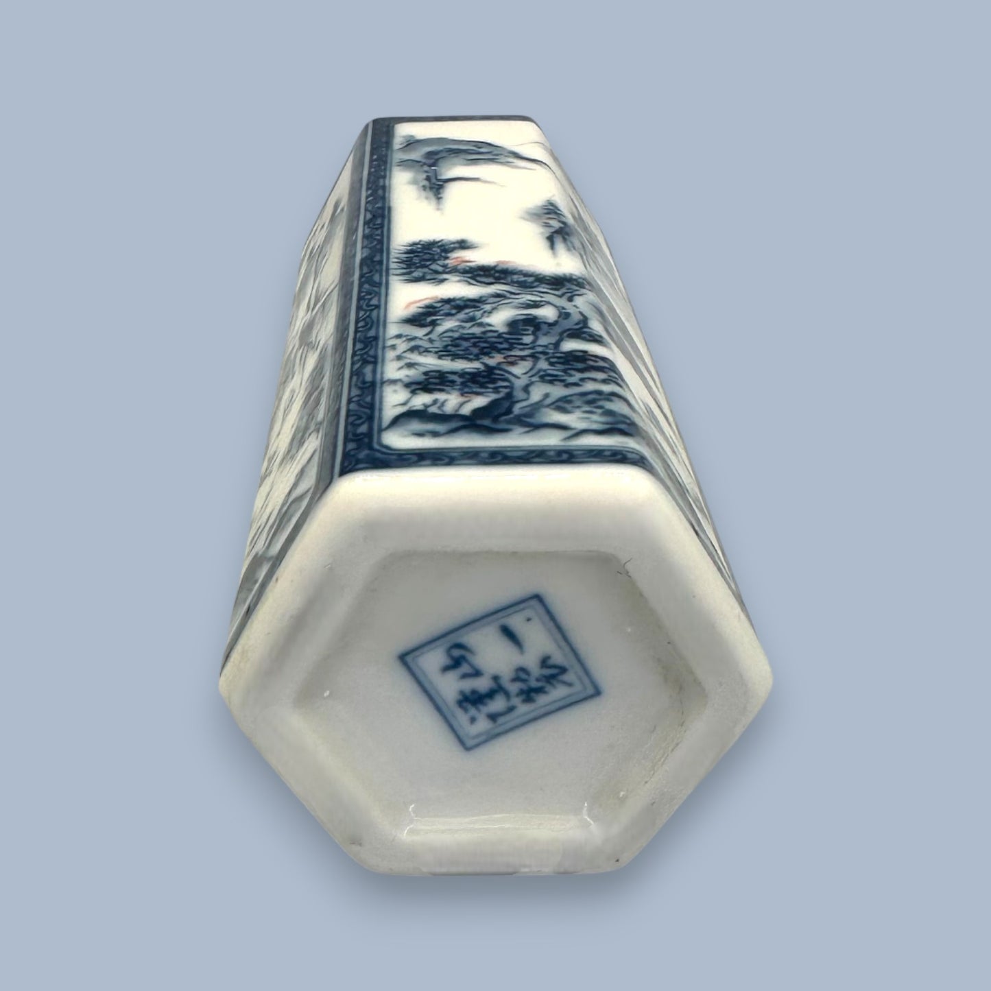 Vintage Chinese Blue and White Hexagon Bud Vase