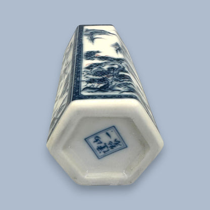 Vintage Chinese Blue and White Hexagon Bud Vase