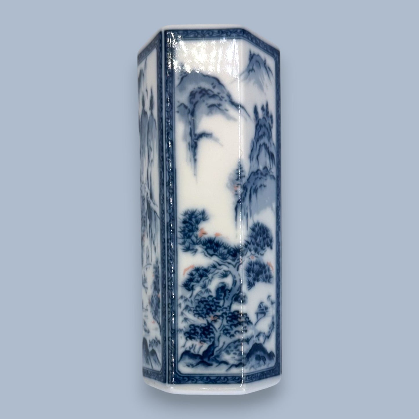 Vintage Chinese Blue and White Hexagon Bud Vase