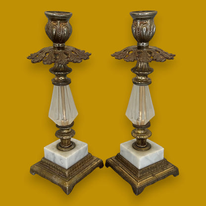 Pair Vintage Hollywood Regency Brass Candleholder with Crystal Accent
