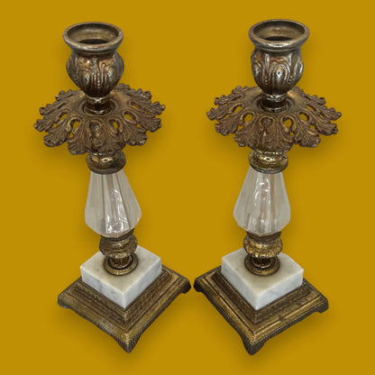 Pair Vintage Hollywood Regency Brass Candleholder with Crystal Accent