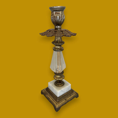 Pair Vintage Hollywood Regency Brass Candleholder with Crystal Accent