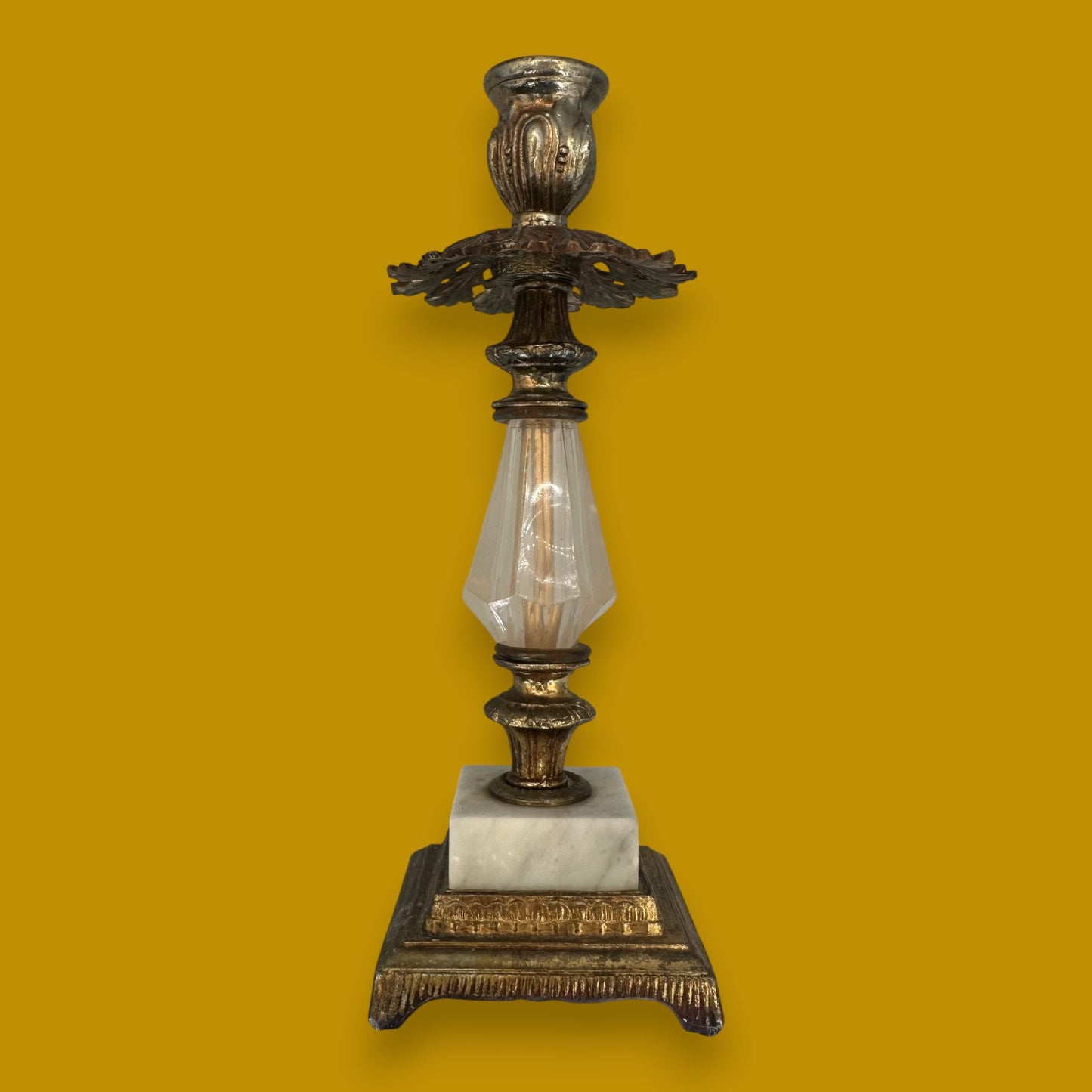 Pair Vintage Hollywood Regency Brass Candleholder with Crystal Accent