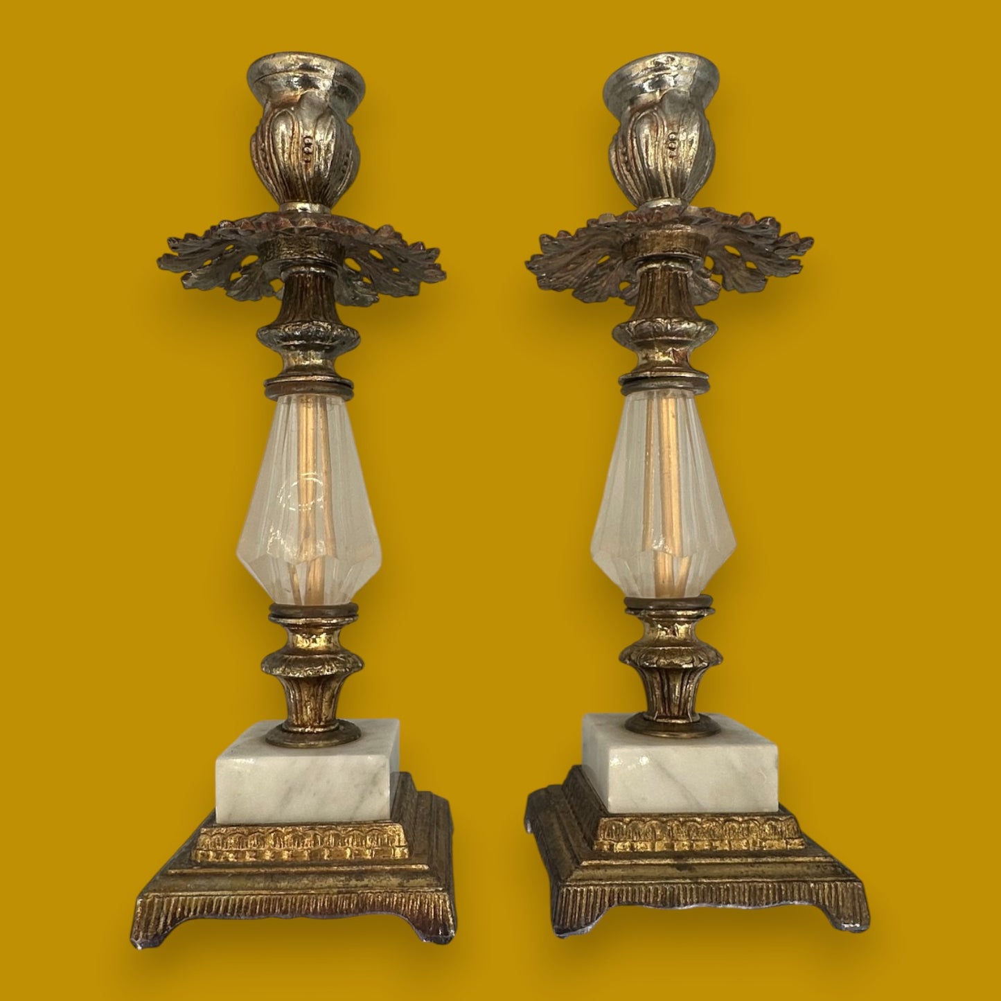 Pair Vintage Hollywood Regency Brass Candleholder with Crystal Accent