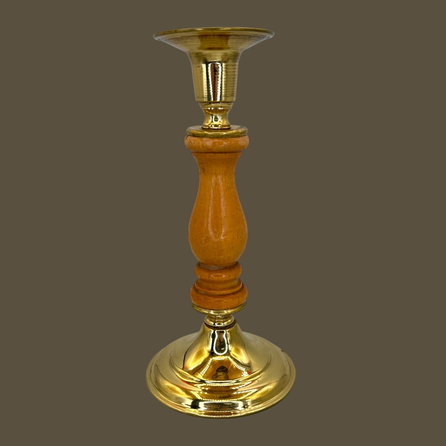 Vintage Brass & Turned Wood Candlestick – Mid-Century Elegance