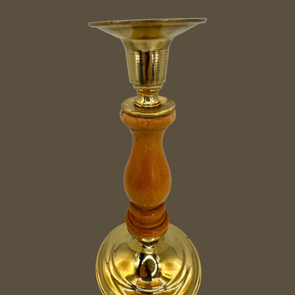 Vintage Brass & Turned Wood Candlestick – Mid-Century Elegance