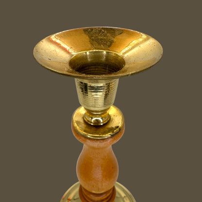 Vintage Brass & Turned Wood Candlestick – Mid-Century Elegance