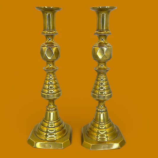 Antique Brass Candlesticks Pair Victorian 1893 Diamond Prince 12" England Rd 223580