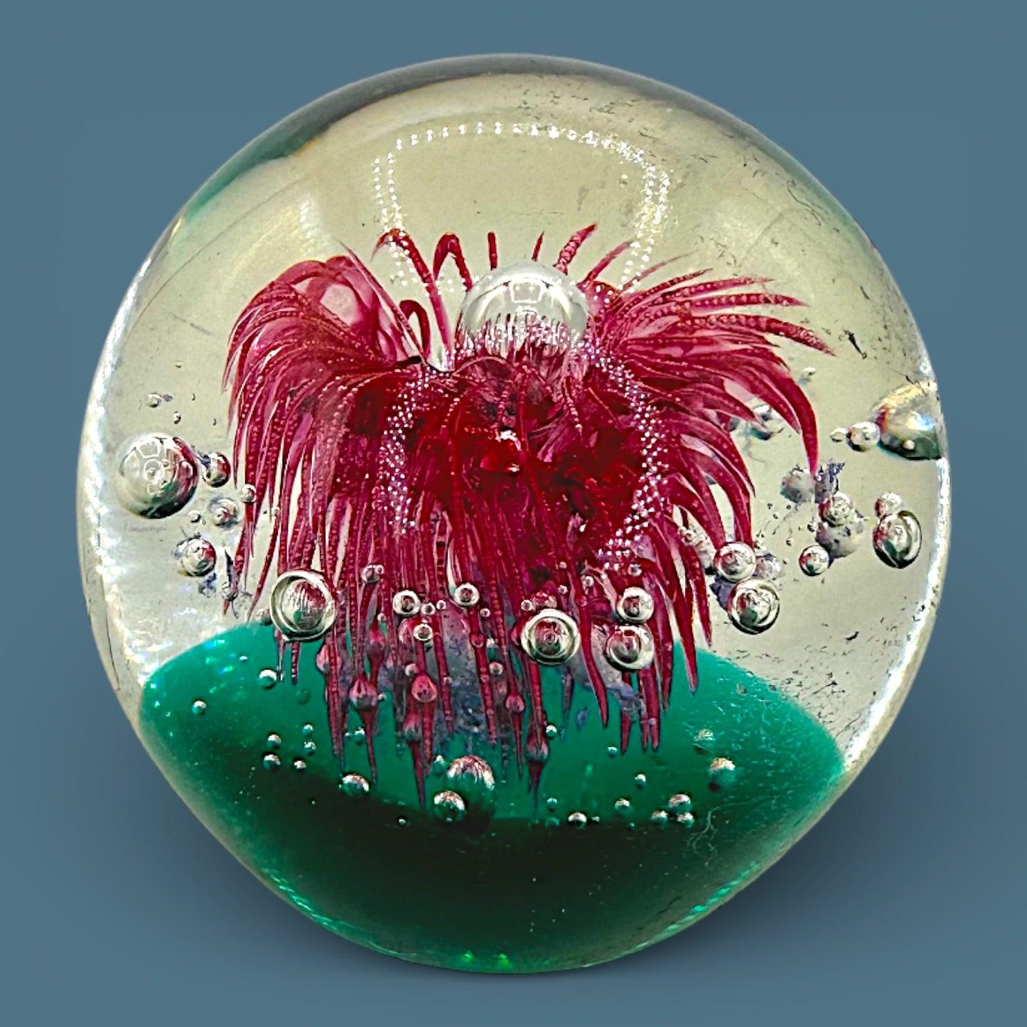 Vintage Art Glass Paperweight Large 4 Inch Red Anemone Flower Controlled Bubble