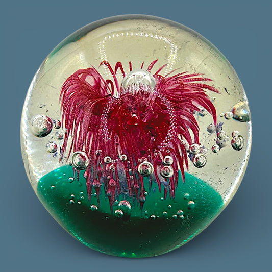 Vintage Art Glass Paperweight Large 4 Inch Red Anemone Flower Controlled Bubble