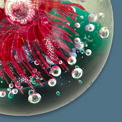 Vintage Art Glass Paperweight Large 4 Inch Red Anemone Flower Controlled Bubble
