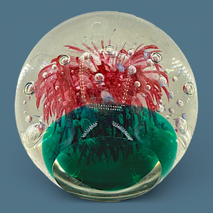 Vintage Art Glass Paperweight Large 4 Inch Red Anemone Flower Controlled Bubble