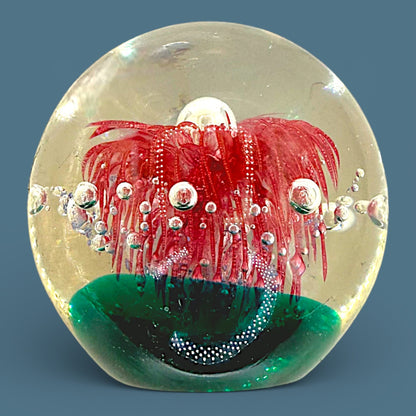 Vintage Art Glass Paperweight Large 4 Inch Red Anemone Flower Controlled Bubble