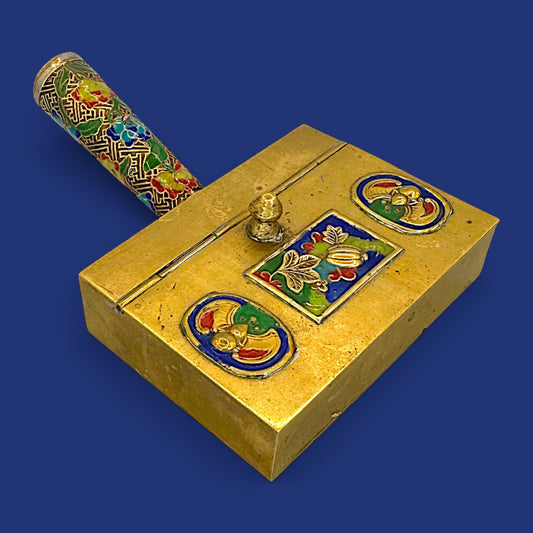 Antique Chinese Cloisonné Silent Butler, Brass Enamel Crumb Scoop, Gourd Bat Decor