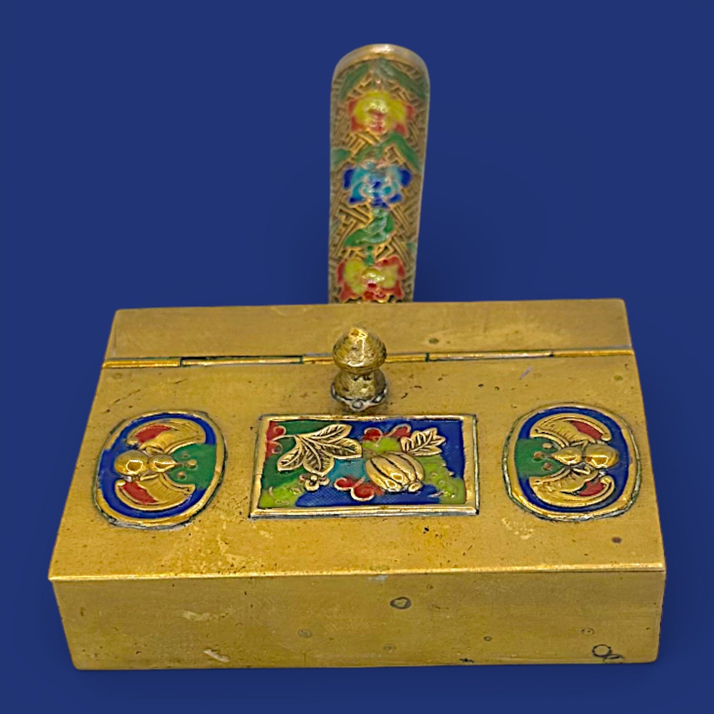 Antique Chinese Cloisonné Silent Butler, Brass Enamel Crumb Scoop, Gourd Bat Decor