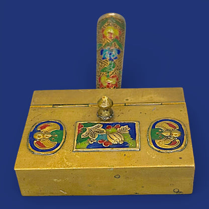 Antique Chinese Cloisonné Silent Butler, Brass Enamel Crumb Scoop, Gourd Bat Decor