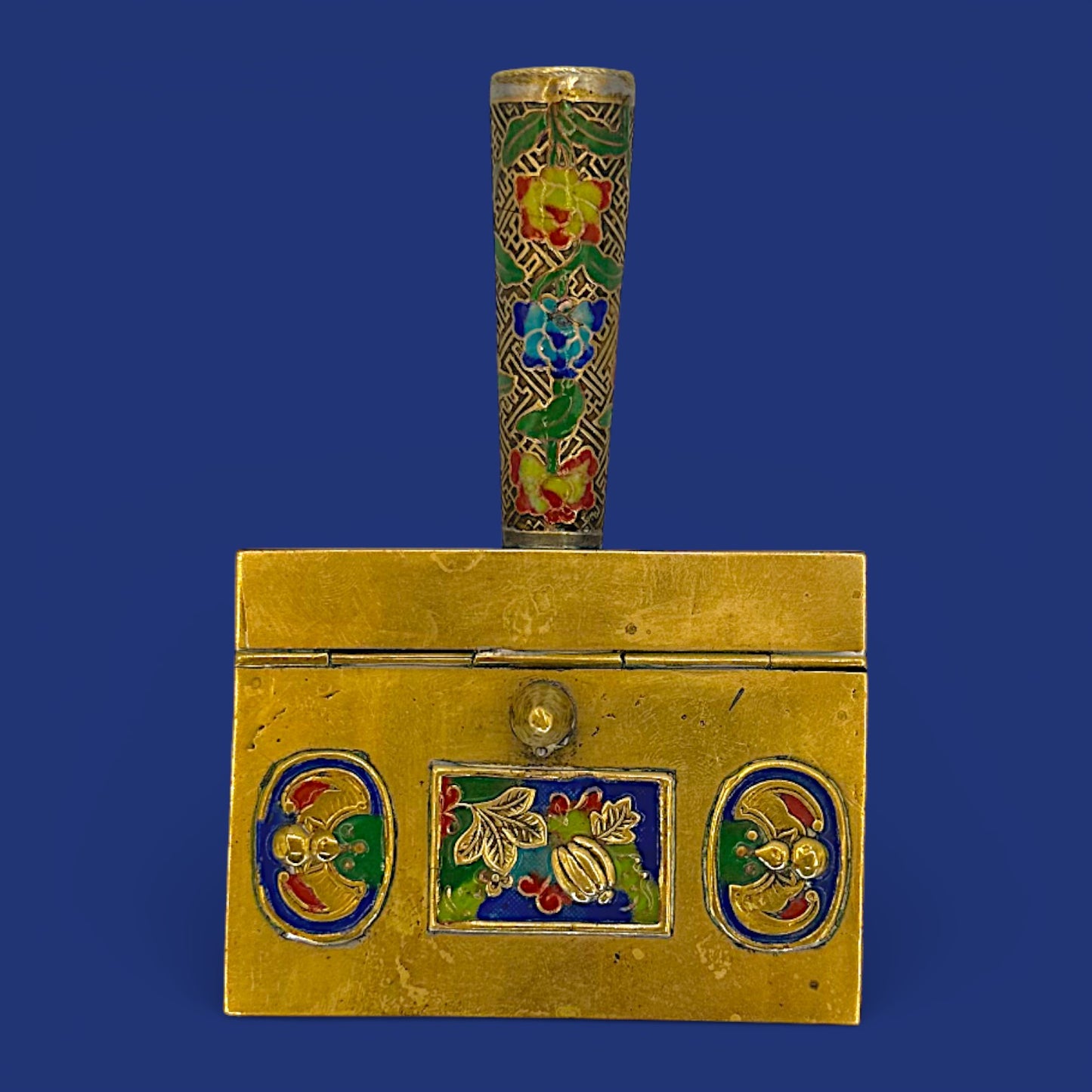 Antique Chinese Cloisonné Silent Butler, Brass Enamel Crumb Scoop, Gourd Bat Decor