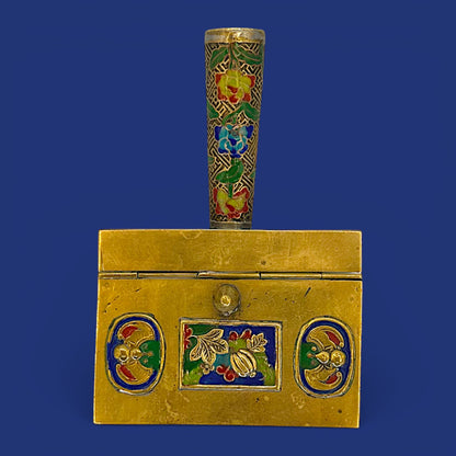 Antique Chinese Cloisonné Silent Butler, Brass Enamel Crumb Scoop, Gourd Bat Decor