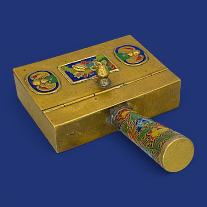 Antique Chinese Cloisonné Silent Butler, Brass Enamel Crumb Scoop, Gourd Bat Decor