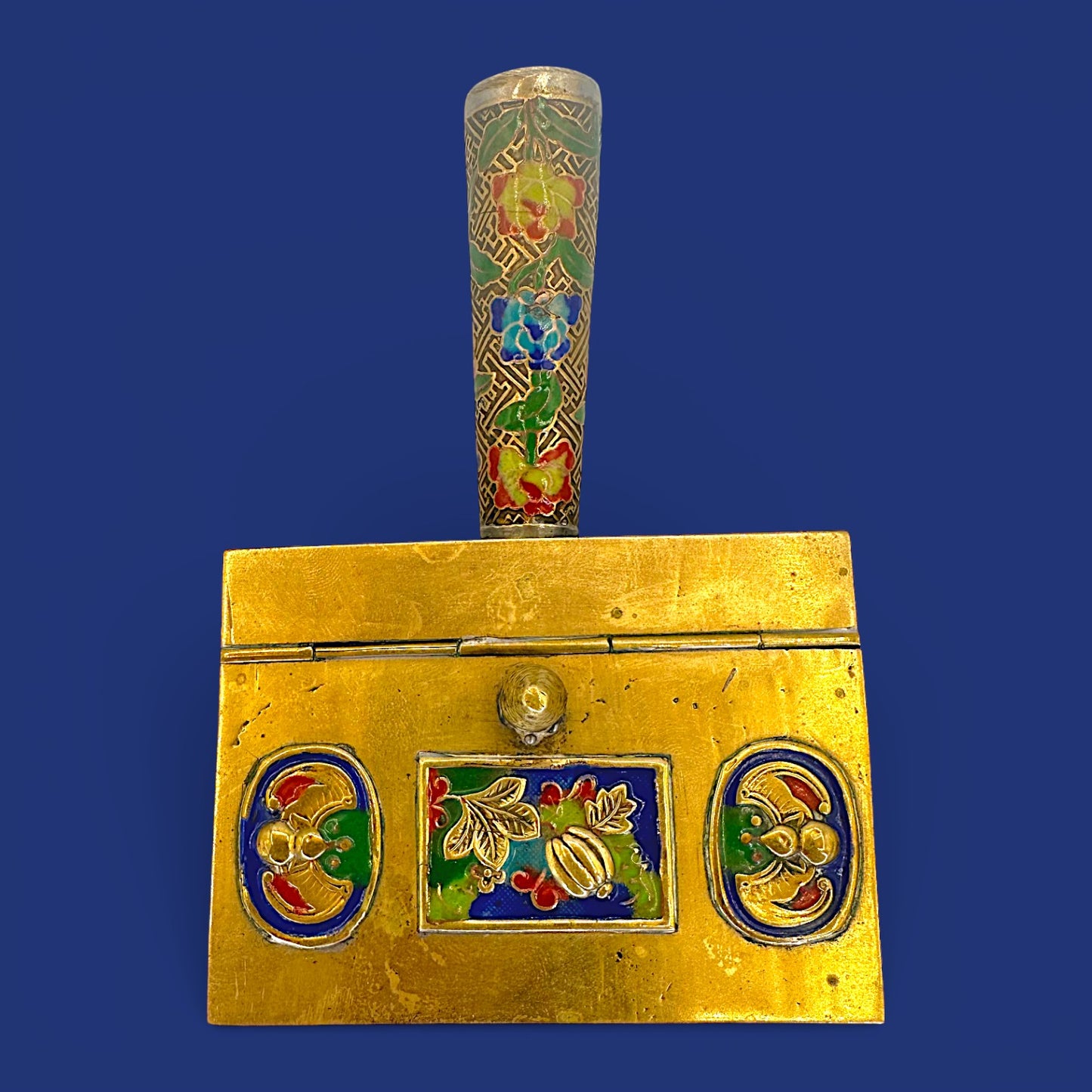 Antique Chinese Cloisonné Silent Butler, Brass Enamel Crumb Scoop, Gourd Bat Decor