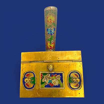 Antique Chinese Cloisonné Silent Butler, Brass Enamel Crumb Scoop, Gourd Bat Decor