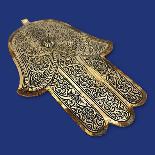 Vintage Hamsa Hand Wall Decor, Silver Brass Amulet, Moroccan Protection