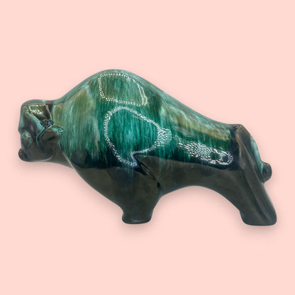 Blue Mountain Pottery Bison Sculpture Green Drip Glaze Vintage Canadian Art