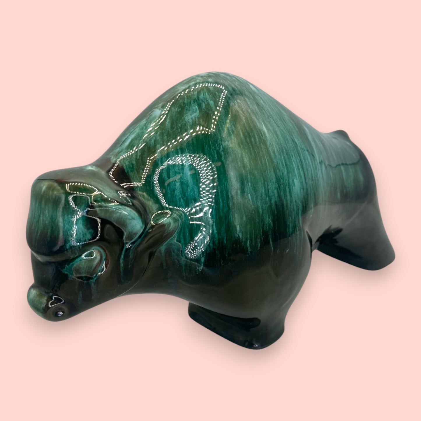 Blue Mountain Pottery Bison Sculpture Green Drip Glaze Vintage Canadian Art