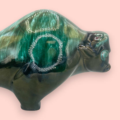 Blue Mountain Pottery Bison Sculpture Green Drip Glaze Vintage Canadian Art