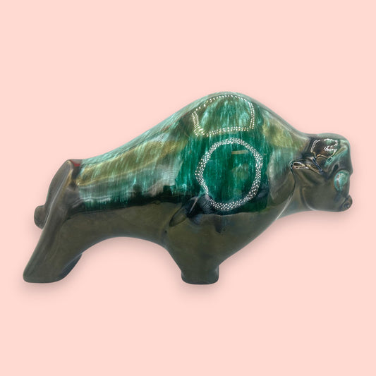 Blue Mountain Pottery Bison Sculpture Green Drip Glaze Vintage Canadian Art