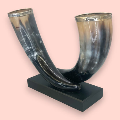Vintage Silver-Rimmed Bovine Horn Sculpture, Double Horn Trophy on Plinth