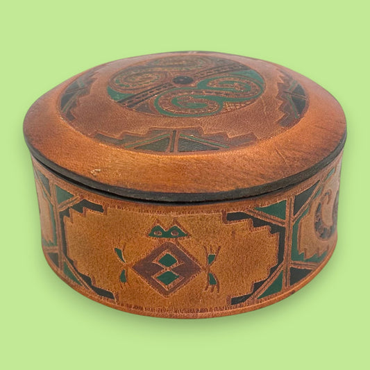 Tooled Leather Trinket Box - Vintage Aztec Style Serpent & Monkey Decor 5"