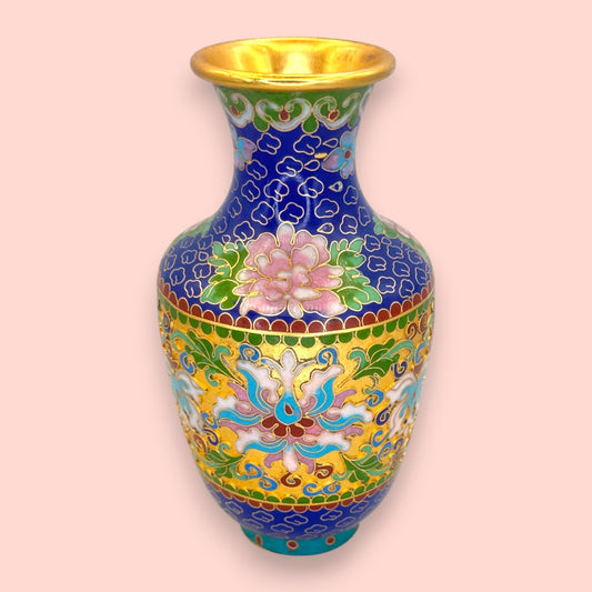 Stunning Cloisonné Vase Peony Floral Brass Enamel Vintage Oriental Decor 6"