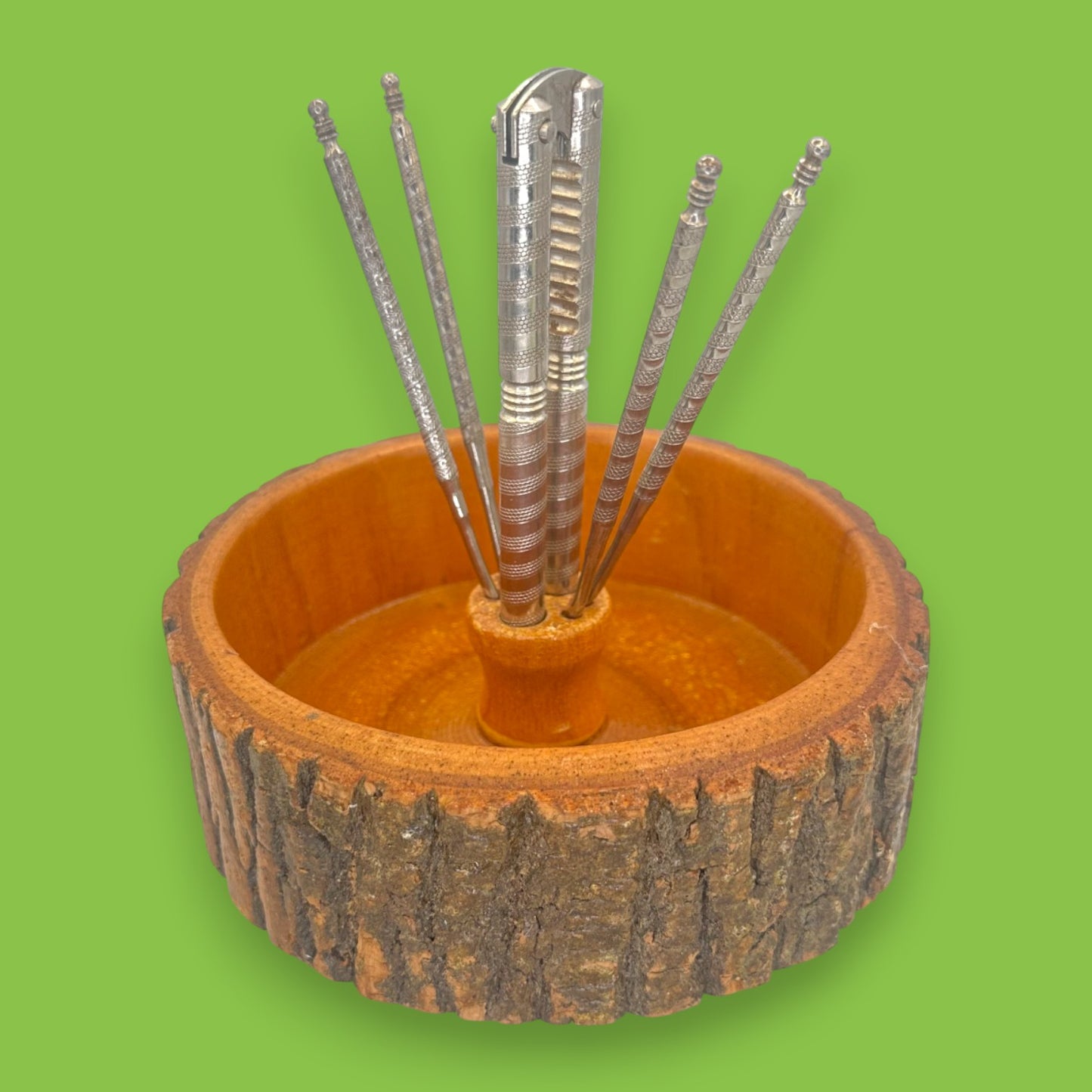 Rustic Live-Edge Nut Bowl Set with Chrome Nutcracker & Picks