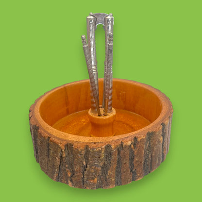 Rustic Live-Edge Nut Bowl Set with Chrome Nutcracker & Picks