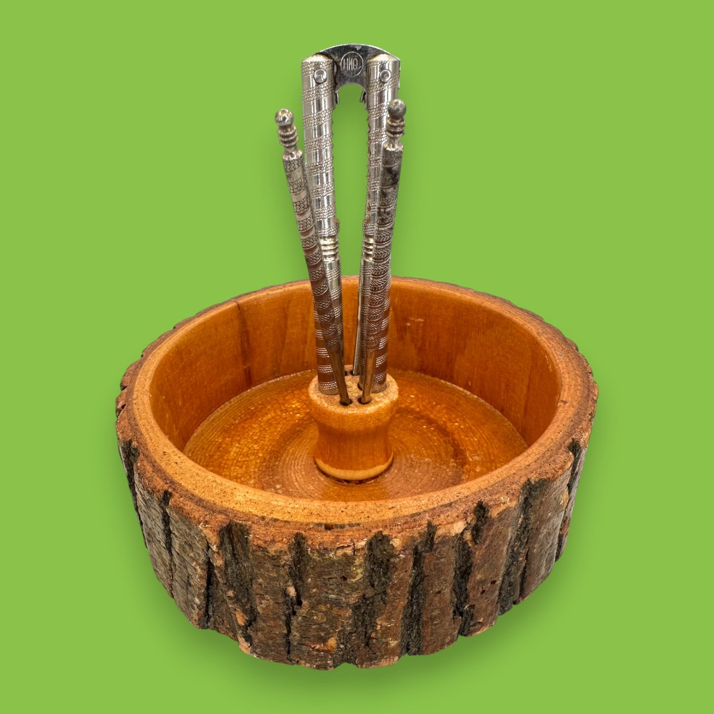 Rustic Live-Edge Nut Bowl Set with Chrome Nutcracker & Picks
