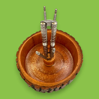 Rustic Live-Edge Nut Bowl Set with Chrome Nutcracker & Picks